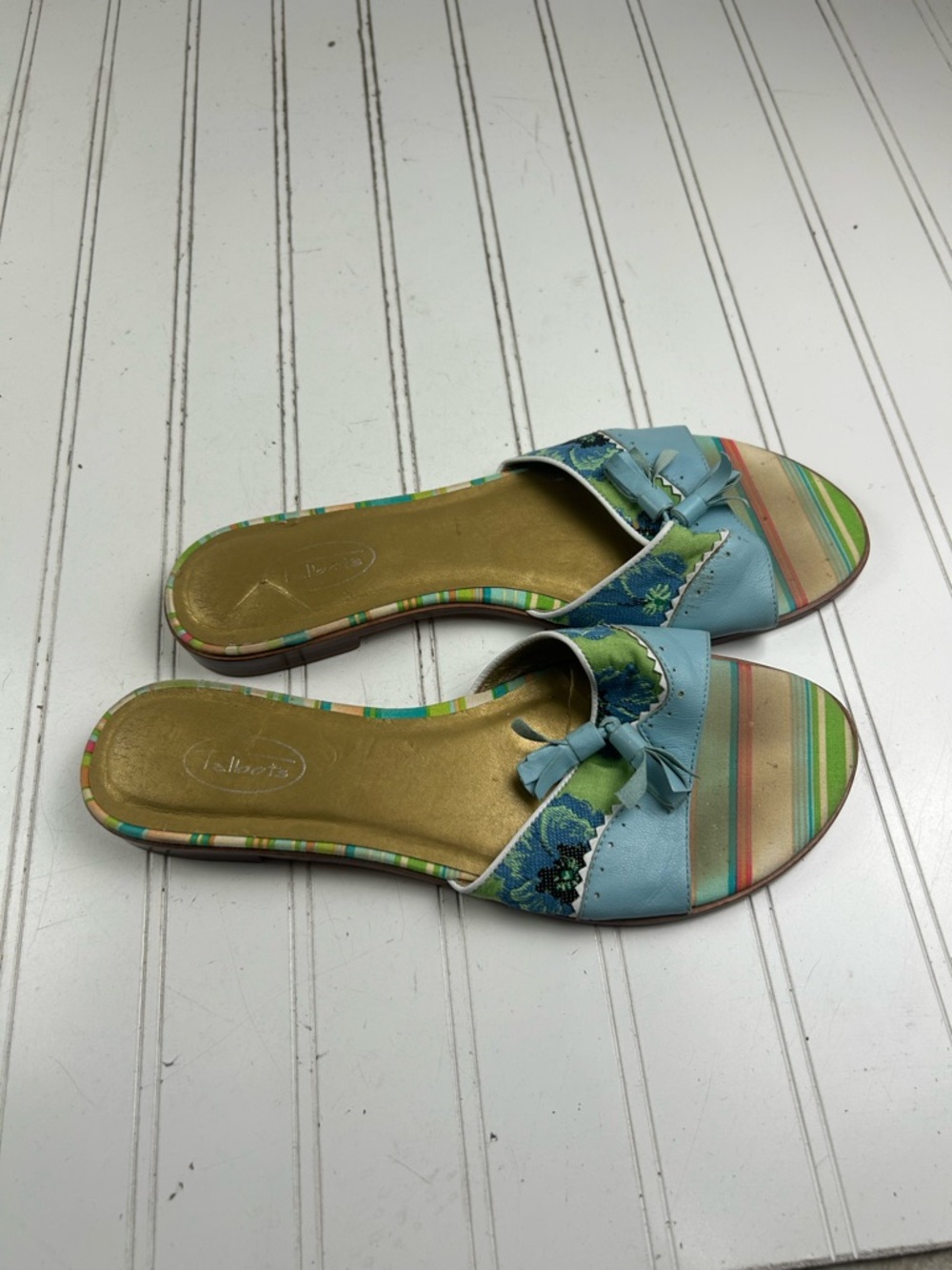 Talbots Slide Sandals Blue Leather Bow Stripe Floral Women’s Size 9.5 - Picture 7 of 8